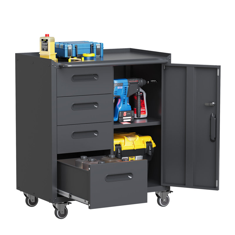 29.5” Wide Wheeled Removable Garage Storage Cabinet with Four Drawers for Partitioned Storage - Adjustable Shelf and Easy Movement