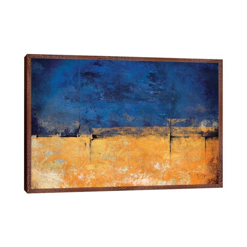 Blue & Gold by Lisa Robinson - Floater Frame Print on Canvas, 101.6 cm H x 66.04 cm W, Classic Brown Wood Framed Canvas