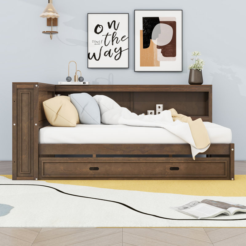 Lit de jour double en bois avec tablettes, USB, DEL et lit gigogne, Bois antique