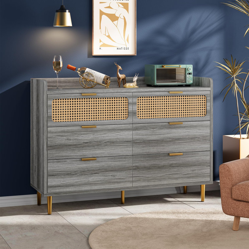 Commode de 47,2 po de large pour chambre à coucher, 6 tiroirs, commode en bois de rotin avec plateau large pour télé, Gris