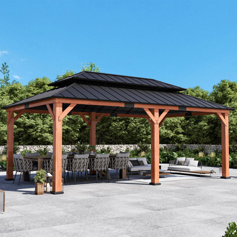 Rosewood 12' X 20' Premium Cedar  Wood Framed Hard Top Patio Gazebo With 2-Tier Metal Roof
