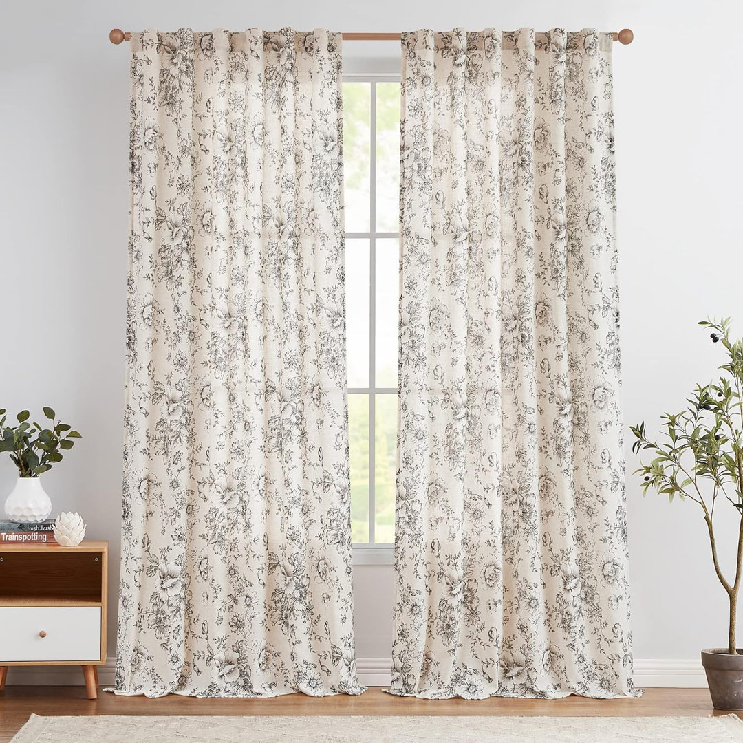 Neacsa Linen Semi Sheer Peony Flower Patterned Rod Pocket Curtain Pair (Set of 2) Winston Porter Curtain 