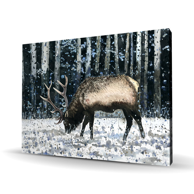 Caribou dans la forêt d'hiver - décor de toile rustique bleue, Bleu, Blanc, brun