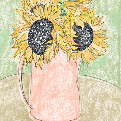 «Fall Sunflower Bouquet in Pitcher Offset» par Lara Lee Meintjes - reproduction