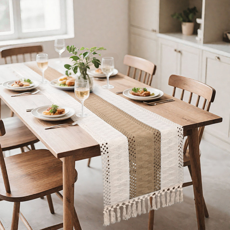 Boho Macrame Bicolor Stitching Table Runner With Tassels, 72" L x 12" W, Brown