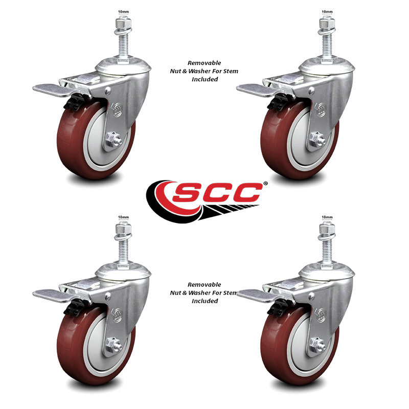 Ensemble de roulettes à tige pivotante en polyuréthane 4 pouces 10 mm avec frein à verrouillage total, Marron