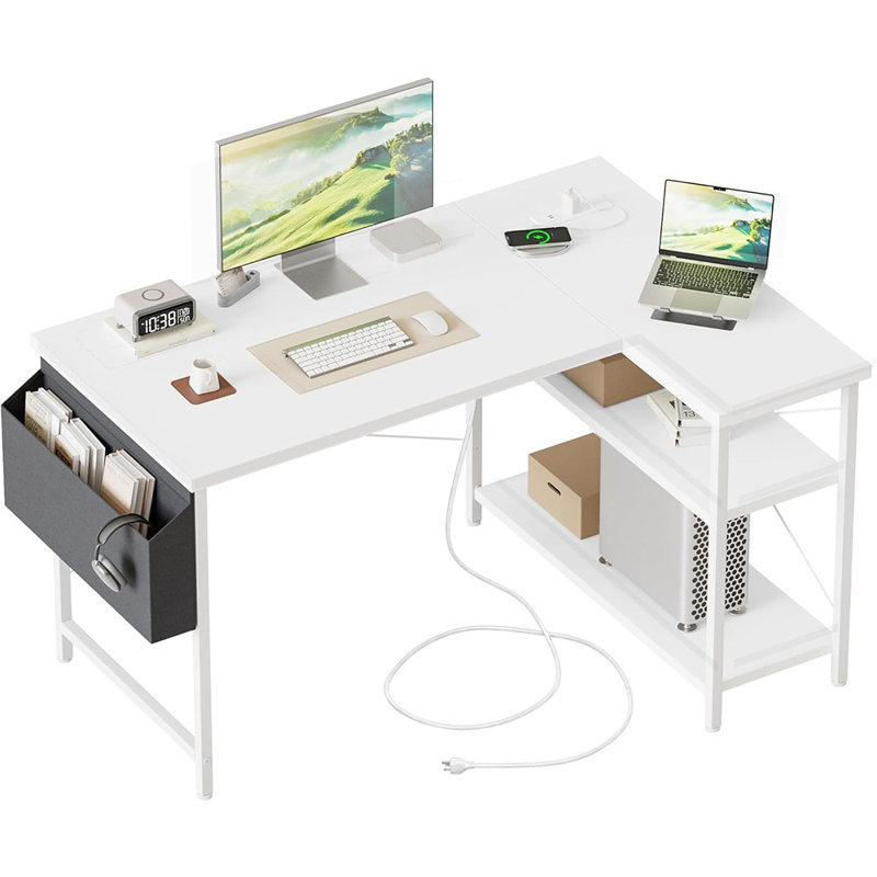 Petit bureau de jeu en L - Poste de travail d'angle avec prises de courant et tablettes réversibles pour bureau ou bureau à domicile