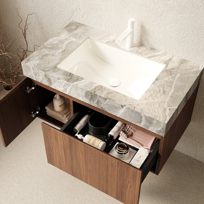 Meuble-lavabo 36 po avec surface en pierre frittée, vasque en céramique, armoire en contreplaqué, tiroir et porte, aspect chêne brun