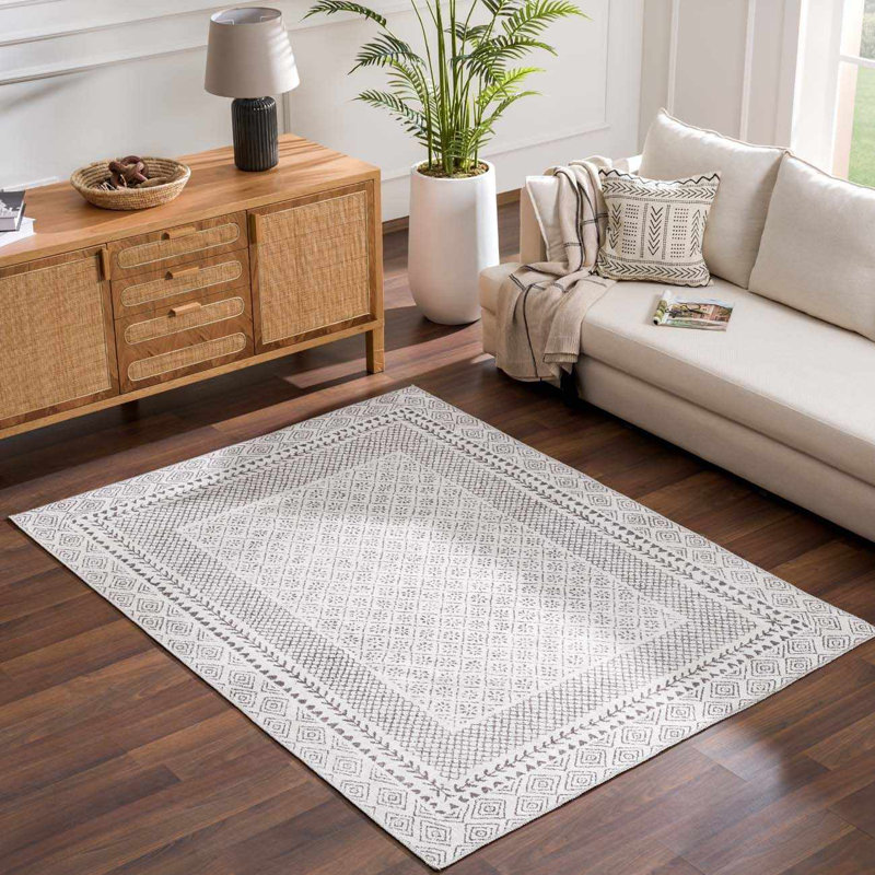 Marvina Machine Washable Moroccan Black and White Area Rug, Rectangle 8'10" x 12'