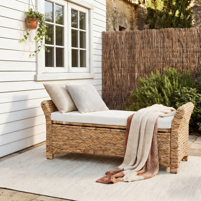 43.5'' Wicker Upholstered Storage Bench with Ergonomic Arms for Entryway, Bedroom, or Patio, Natural Water Hyacinth