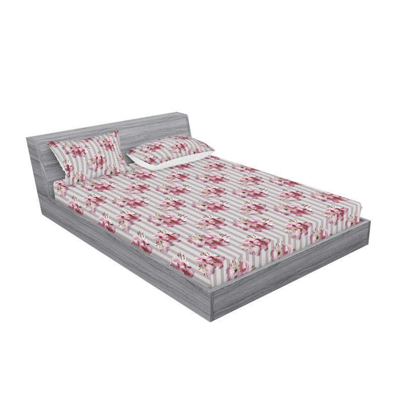Ambesonne Fitted Sheet & Shams, Queen Sheet Set with 2 Pillowcases, Pink/Mauve/Eggshell Flower