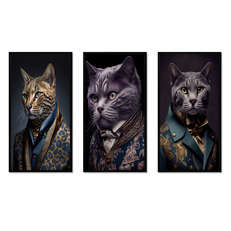 «Stylish Cat In Fancy Blue Fashion Design», 3 pièces sur toile, Cadre flottant noir, H 40 po x l 60 po