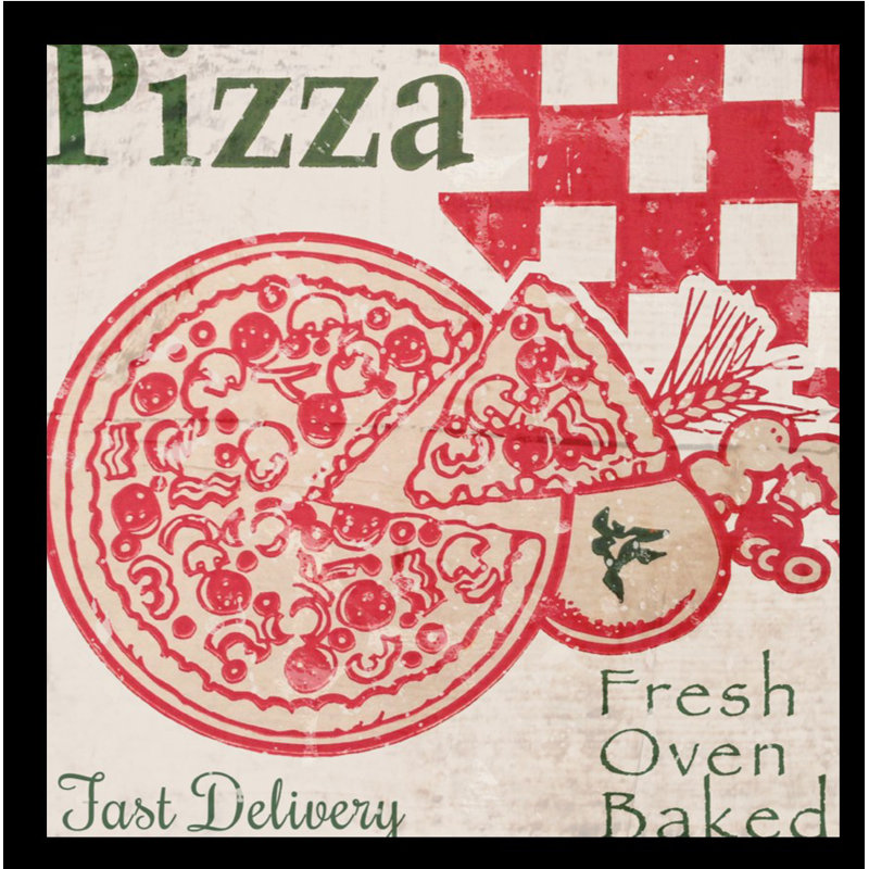 « pizza box », publicité rétro encadrée, H 20,5 po x l 20,5 po x P 1 po