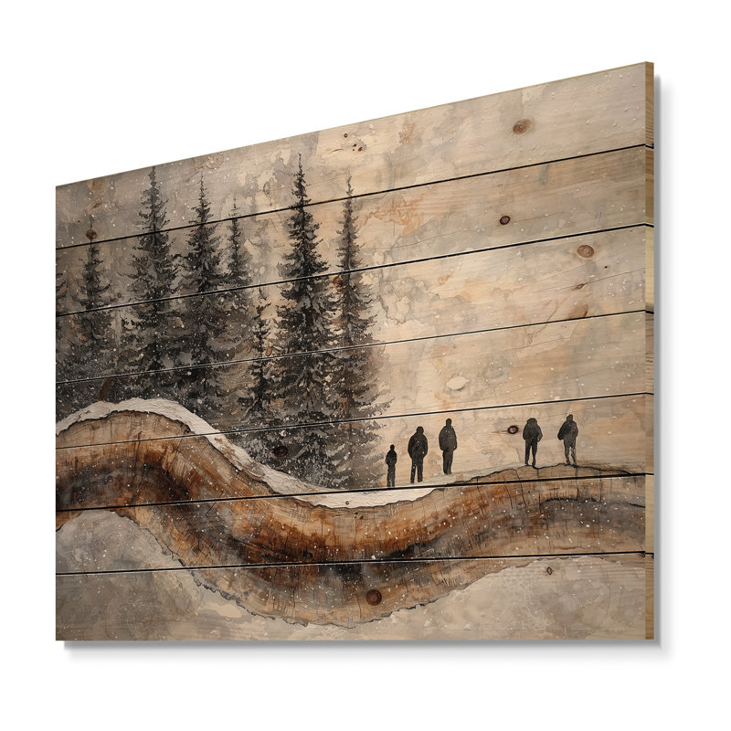 Groupe de randonnée dans un paysage hivernal III - Impression sur bois de randonnée - sur bois de pin naturel