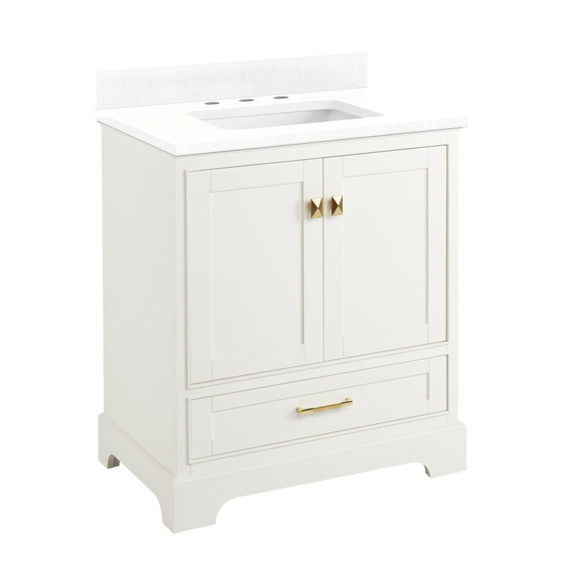 Ensemble de meuble-lavabo simple autoportant avec meuble-lavabo 30 po Quen, Quartz blanc plume, Blanc doux, Centres de 8 po