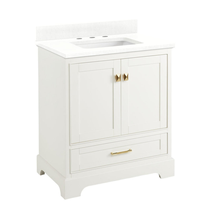 Quen 30" Freestanding Single Basin Vanity Set with Cabinet, Vanity Top, 8" Centers, Soft White, Feathered White Quartz