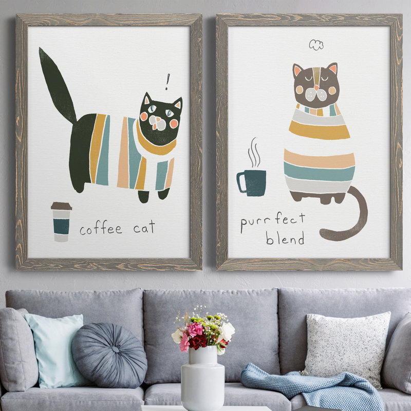 Coffee Cats III - ensemble de 2 reproductions d'art textuel sur toile, H 31,5 po x l 47 po x P 1,5 po, Toile avec cadre gris