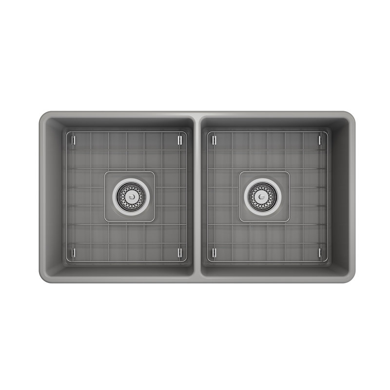 33'' L Double Bowl Fireclay Kitchen Sink, Matte Gray