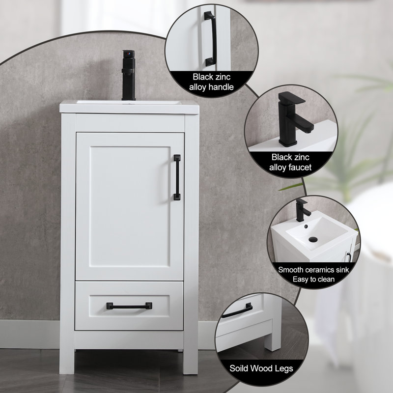 18'' Narrow Depth Free Standing Single Bathroom Vanity with Ceramic Top, White
