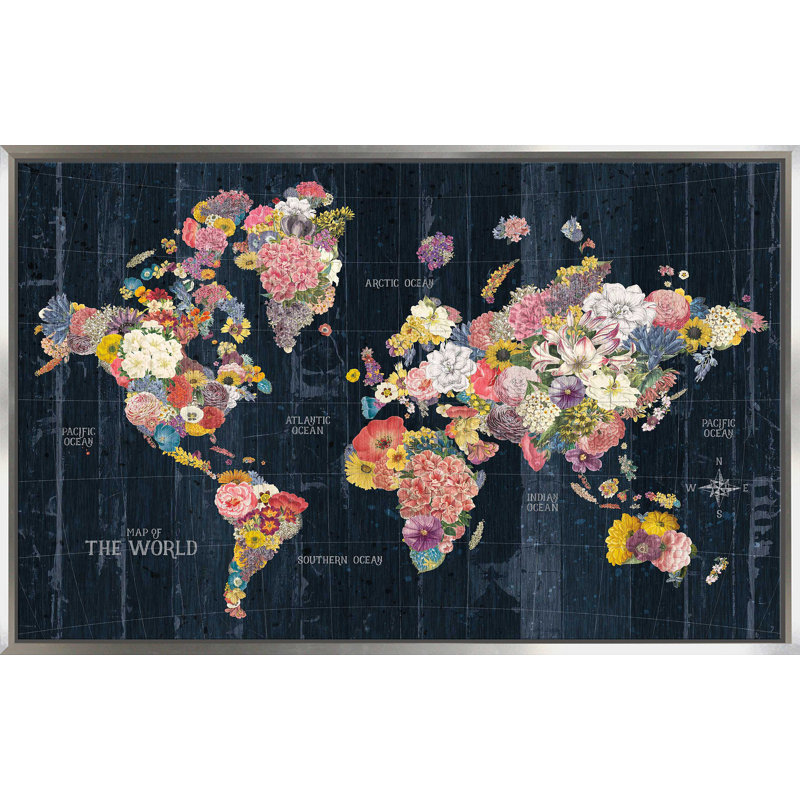 Botanical Floral Map Words - impression d'art graphique, H 27,5 po x l 43,5 po x P 2 po, Cadre flottant argent