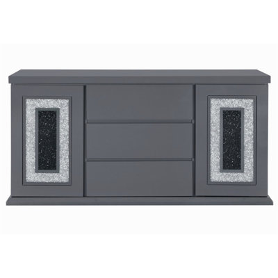 Stylish Dark Grey Buffet with High Gloss Finish and Clear Glass Inlay for Modern Dining Rooms