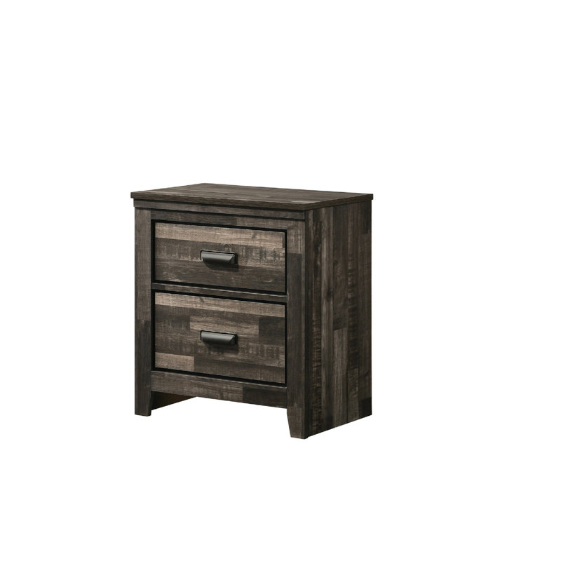 Élégante table de chevet 2 à finition mixte avec poignée et poignées en métal noir pour la chambre à coucher, Brun