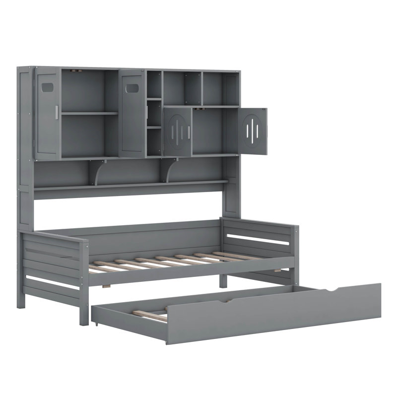 Platform Bed With Twin Size Trundle, All-In-One Cabinet And Shelf, Twin, Gray