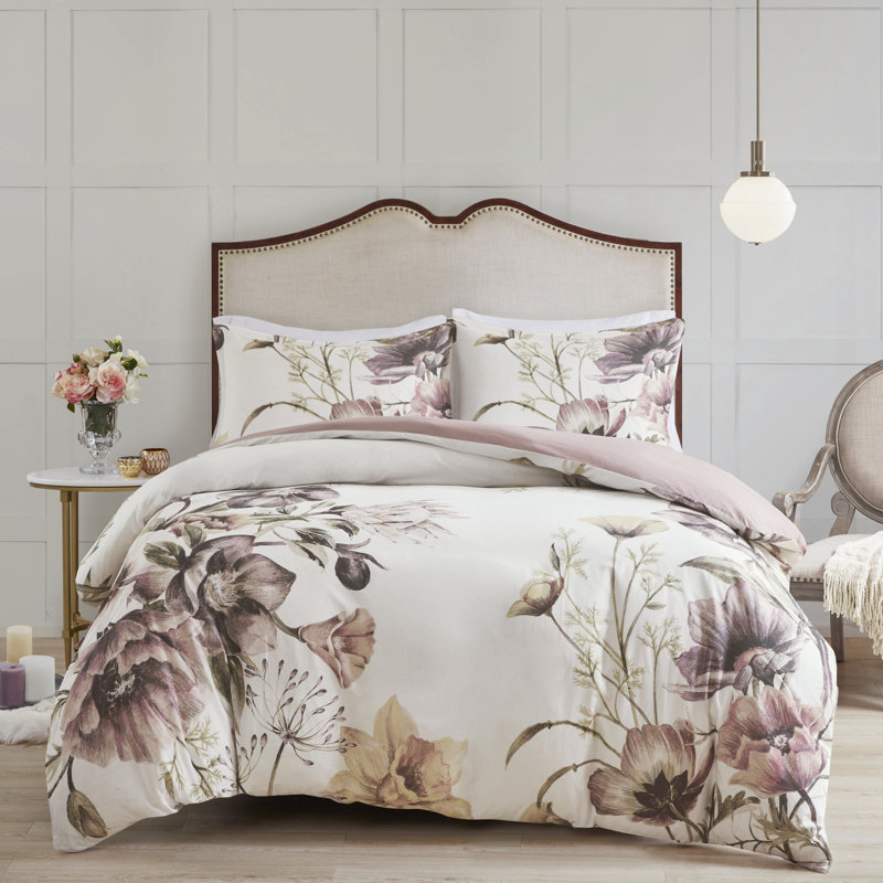 Housse de couette en coton double / grand imprimé, style Shabby Chic, motif floral, 1 et 2 taies décoratives, fermeture à boutons, attaches de coin, 3 pièces florales, taille et attaches pour un ajustement stable,