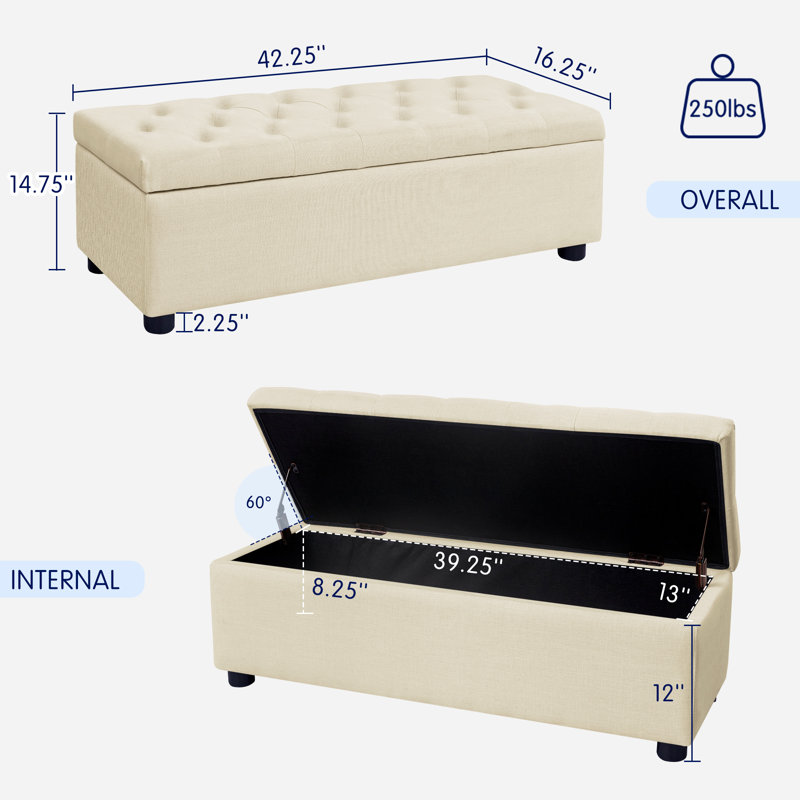 Brizeth 42.25" Wide Tufted Solid Wood Rectangle Storage Upholstered Ottoman