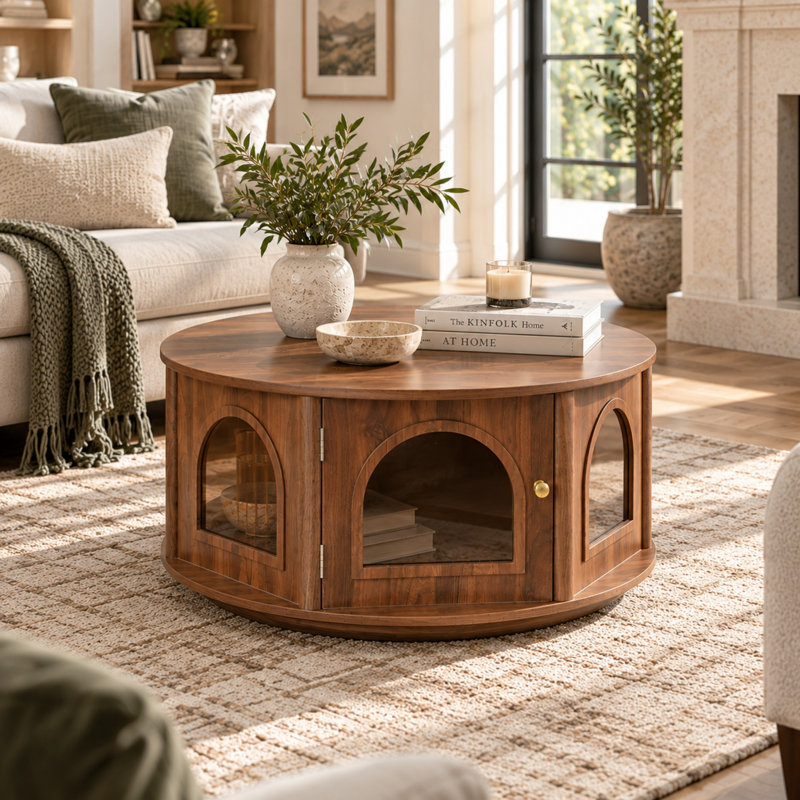 Table basse ronde avec niche pour animaux et rangement dissimulés