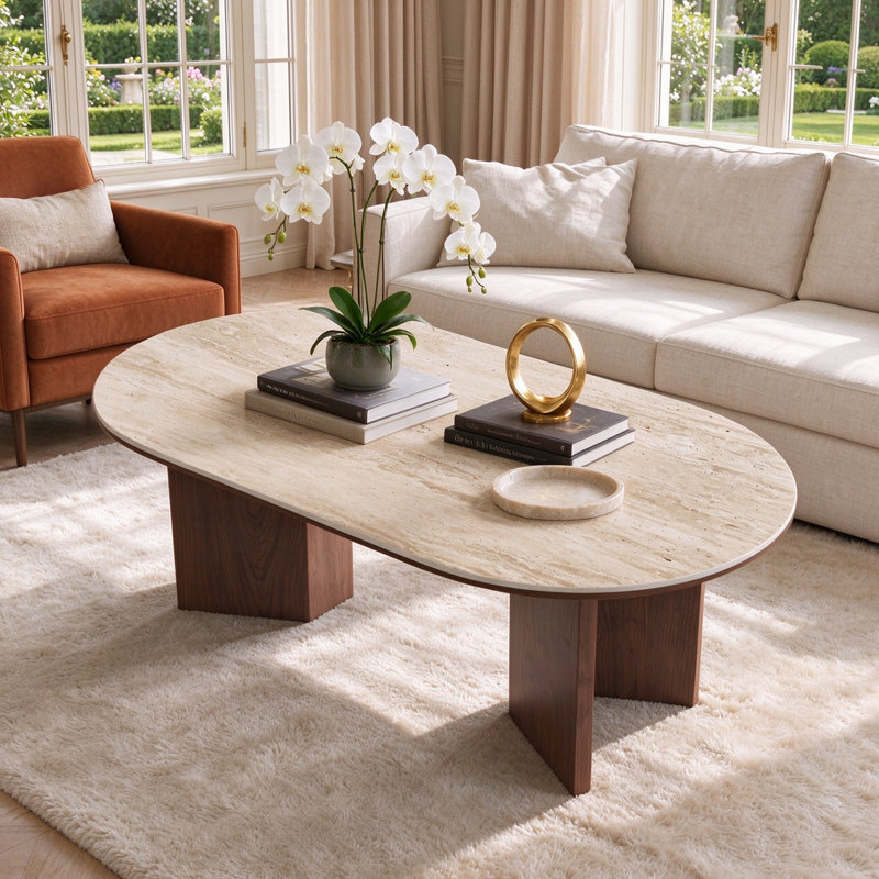 Table basse de 51 po de style moderne Mid-Century brun, plateau de table en pierre frittée beige avec pieds doubles en bois massif