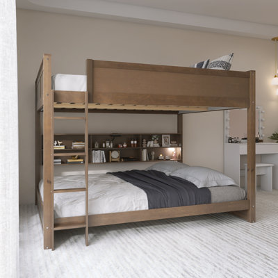 MDF Queen Over Queen Bunk Bed With Storage Cabinets And USB Ports, Antique Wood Colour