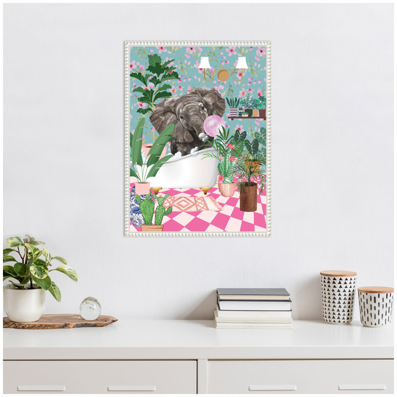 «Maximalist Bathroom Elephant Bubblegum» par Honey Island Studio, reproduction d'art sur toile encadrée