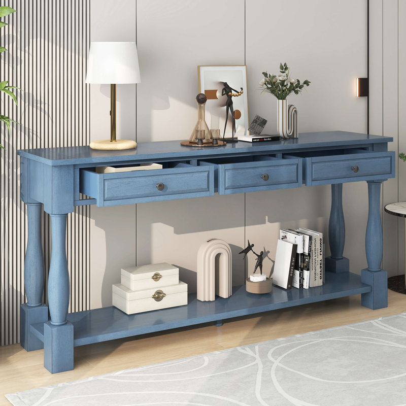 Versatile Wood Console Table with Three Drawers and Bottom Shelf, Navy