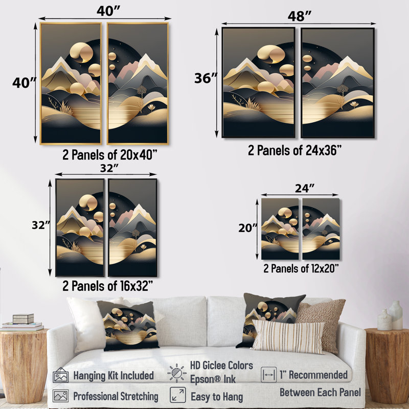 «Dreamy Golden Mountain II», art mural gris 2 pièces, Impression encadrée flottante, H 36 po x l 48 po, Noir