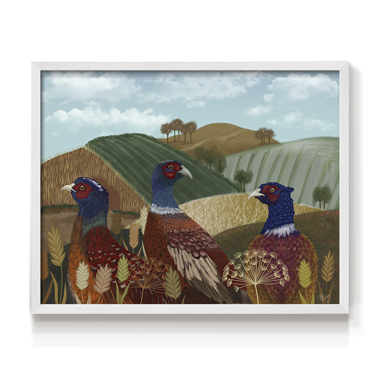 Trio de faisans dans un champ - Reproduction encadrée - Restickable, H 16 po x l 20 po, Blanc