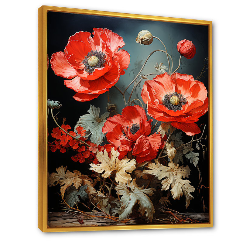 «Poppies Scarlet Solitude II», reproduction d'art sur toile, Cadre flottant doré, H 20 po x l 12 po x P 1 po