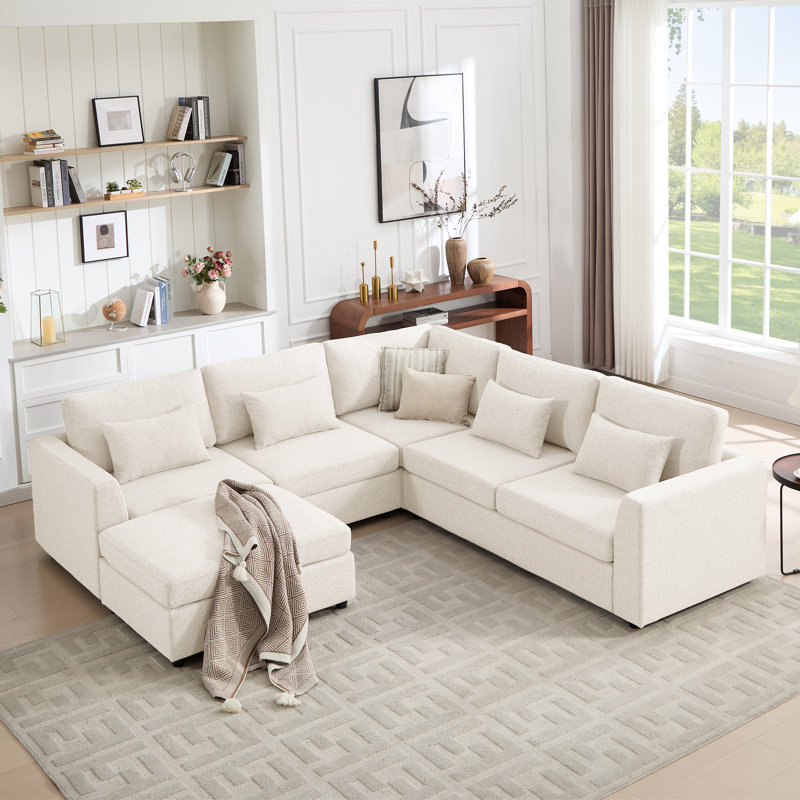 6 Seats Upholstered Sectional Sofa Modern Corner Couch With Ottoman, Beige Polyester Blend