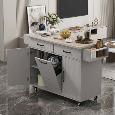 51.06" W Modern Rolling Kitchen Island with Drop Leaf 2 Drawers and Tilt-Out Trash Can (Not Included)