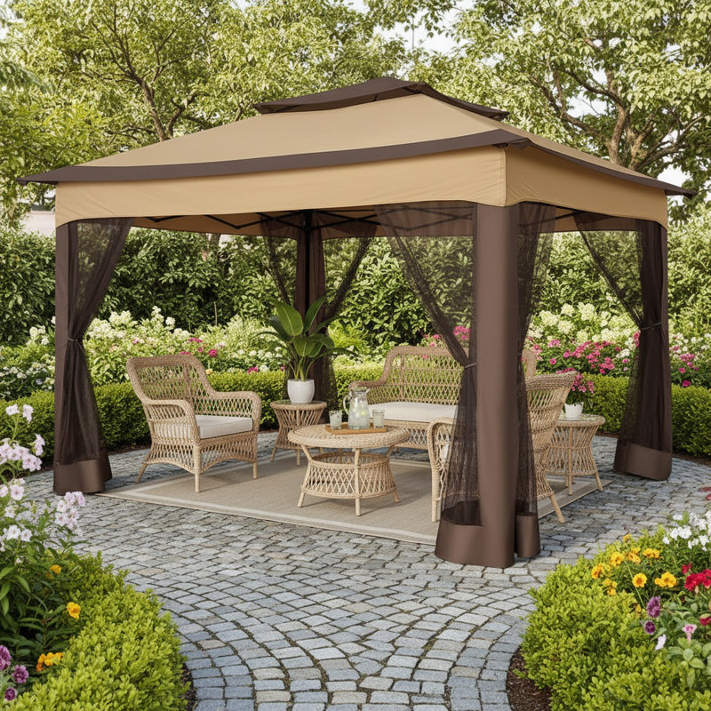 12x12 Outdoor Pop Up Canopy with Mosquito Netting Patio Tent, Dark Brown