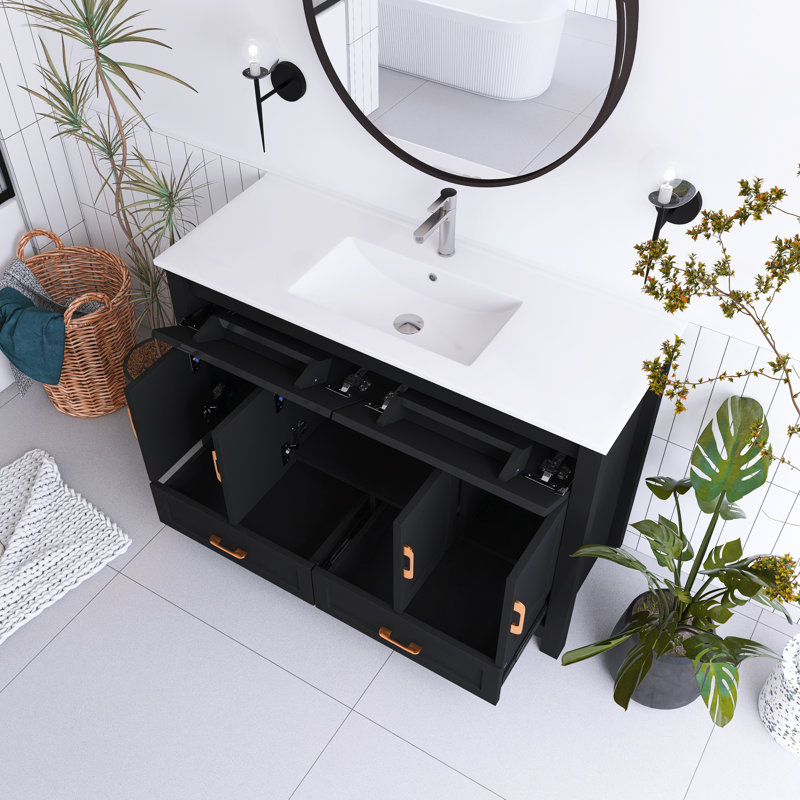 48 Inches Freestanding Bathroom Vanity Set With White Ceramic Basin, Black