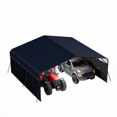 Sac de couverture de couleur foncée Sac de couverture de couleur foncée Abri d'auto extérieur robuste en acier galvanisé à toit en métal 20 x 20 pi avec lampe solaire à DEL pour abri extérieur pour 2 voitures, véhicules récréatifs, bateaux et camions