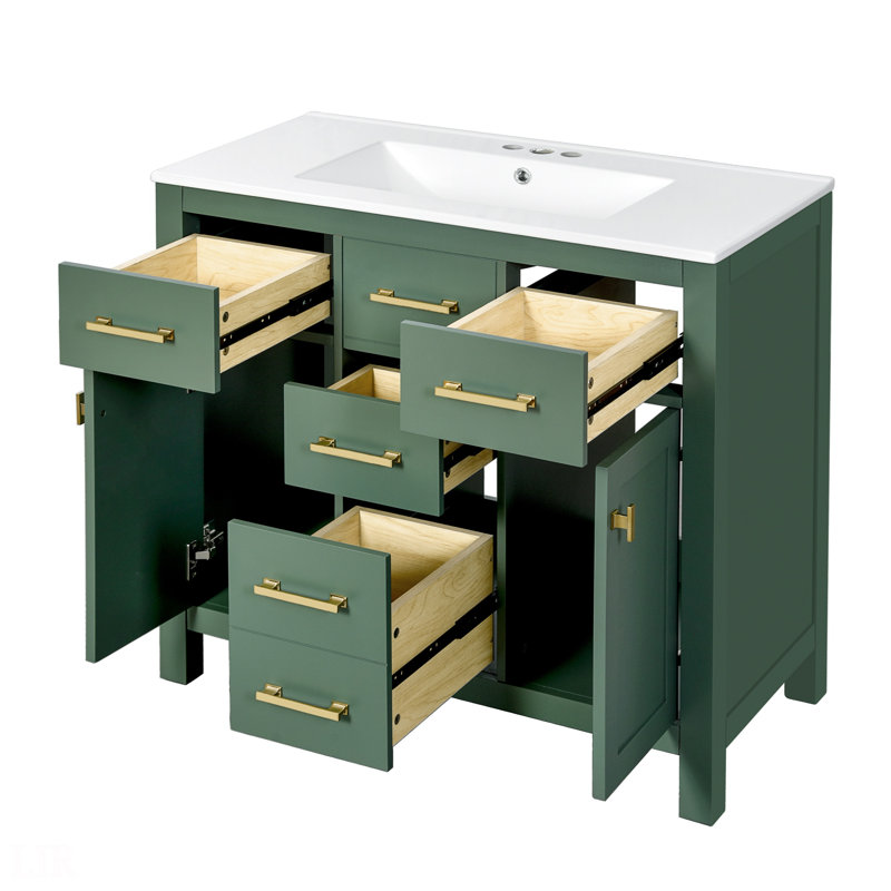 Ensemble de meuble-lavabo 36 po avec lavabo en céramique, meuble-lavabo simple autoportant moderne à 4 tiroirs et 2 armoires, meuble de rangement pour la salle de bain, ensemble de meuble-lavabo à cadre en bois massif, meuble-lavabo