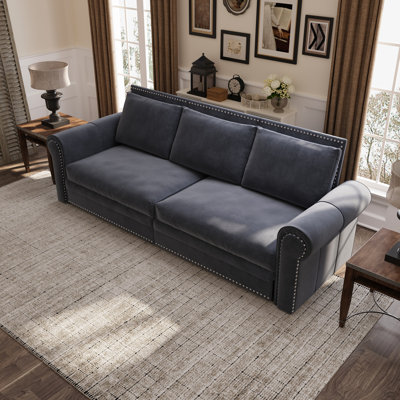 Très grand lit convertible 93 po en velours gris avec support confortable et solution peu encombrante