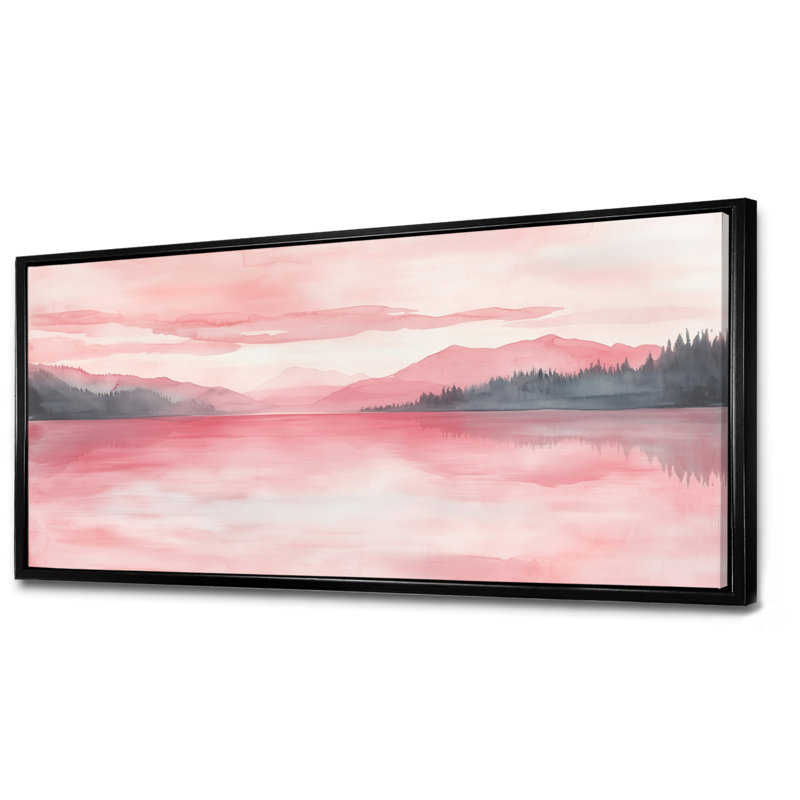Art mural lac rose, toile de reflet de montagne, lac rose avec montagne, H 28 po x l 60 po, Cadre flottant noir