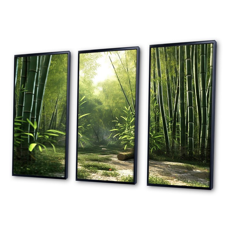 Ensemble de décoration murale dynamique en bambou Grove I, Cadre flottant noir, H 32 po x l 48 po x P 1 po