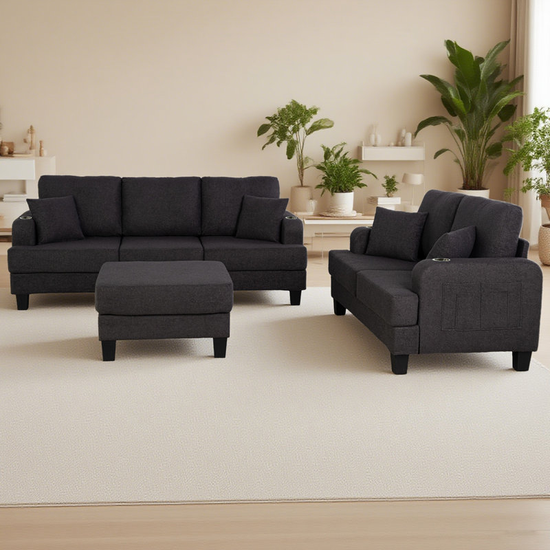 Canapé 3 places avec causeuse Crestline, Tissu gris