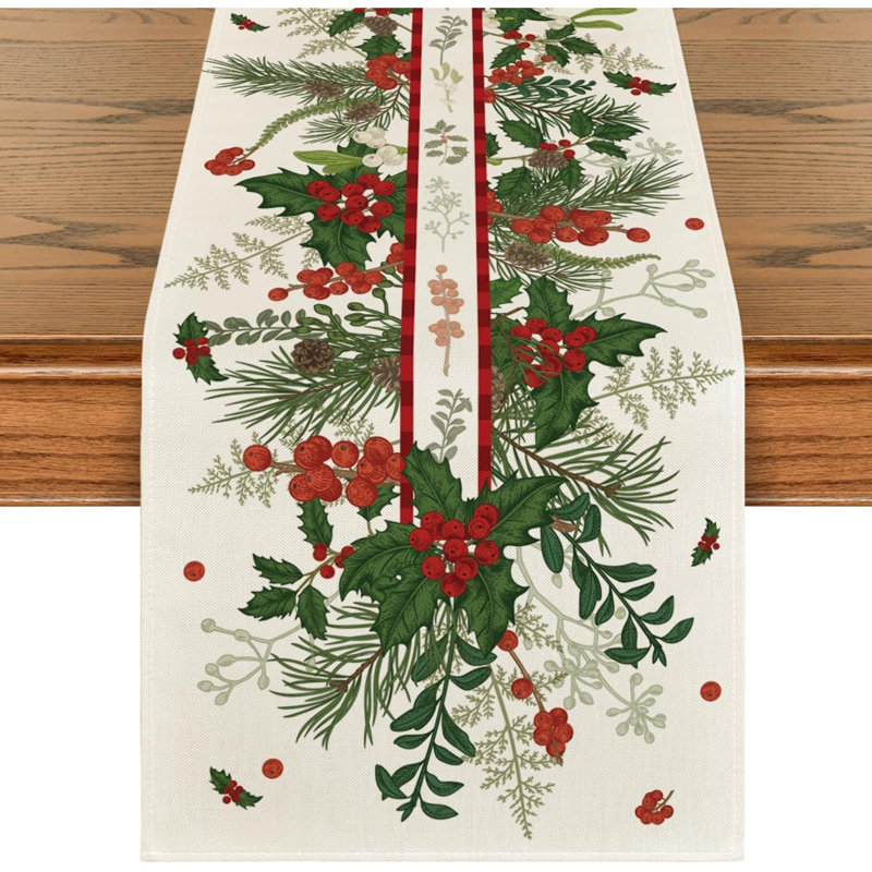 Holly Pine Cone Leaves Floral Christmas Table Runner, Seasonal Winter Kitchen Dining Table Decoration For Home Party Decor 13X72 Inch