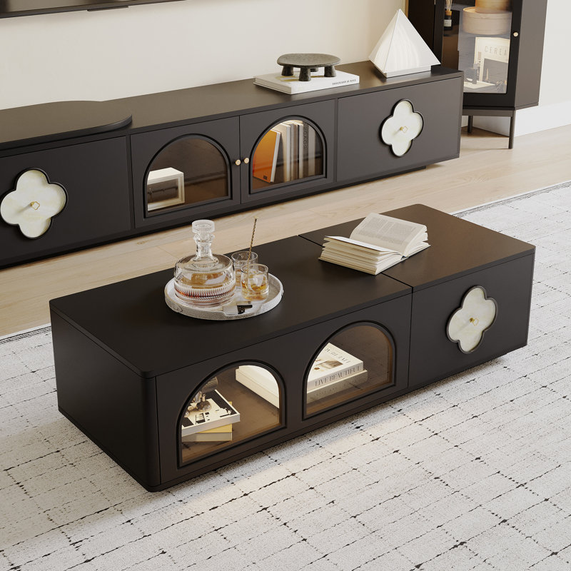 Table basse à plateau relevable de 51 po avec compartiment de rangement et porte vitrée dissimulée pour le salon