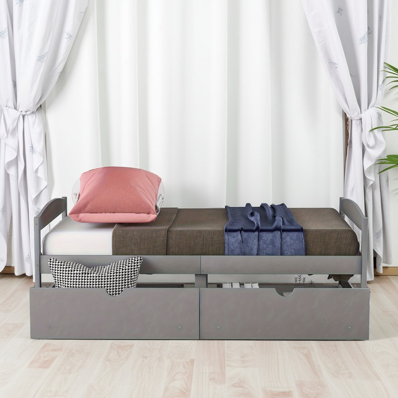 Lit plateforme simple avec 2 tiroirs - Pin gris, peu encombrant, Gris